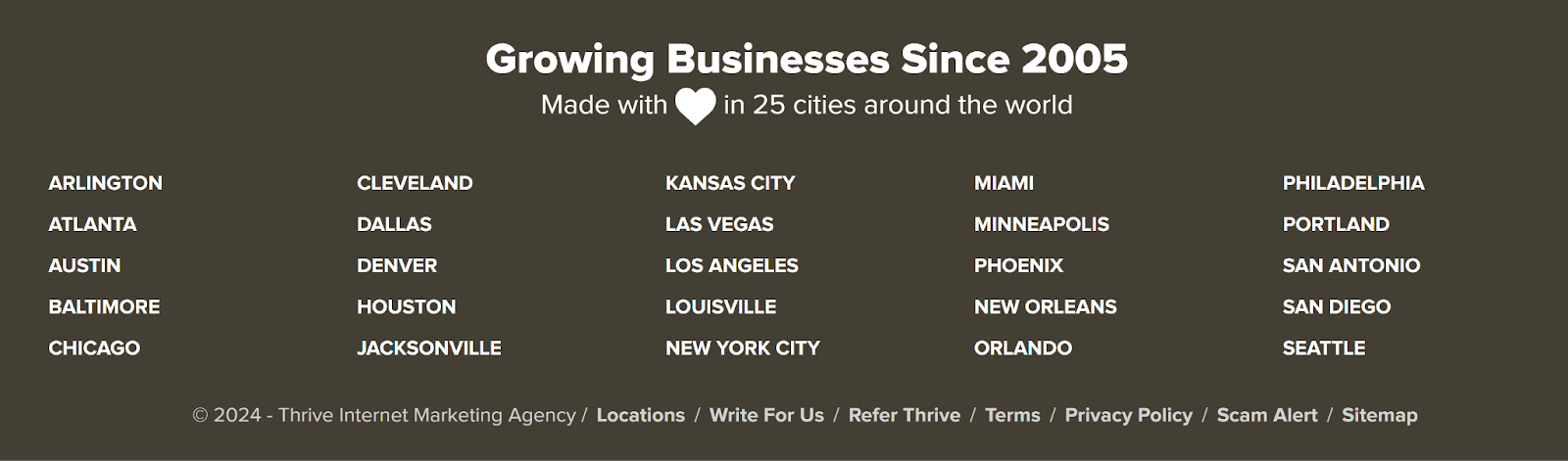 Thrive Agency footer showing links to location pages for different cities