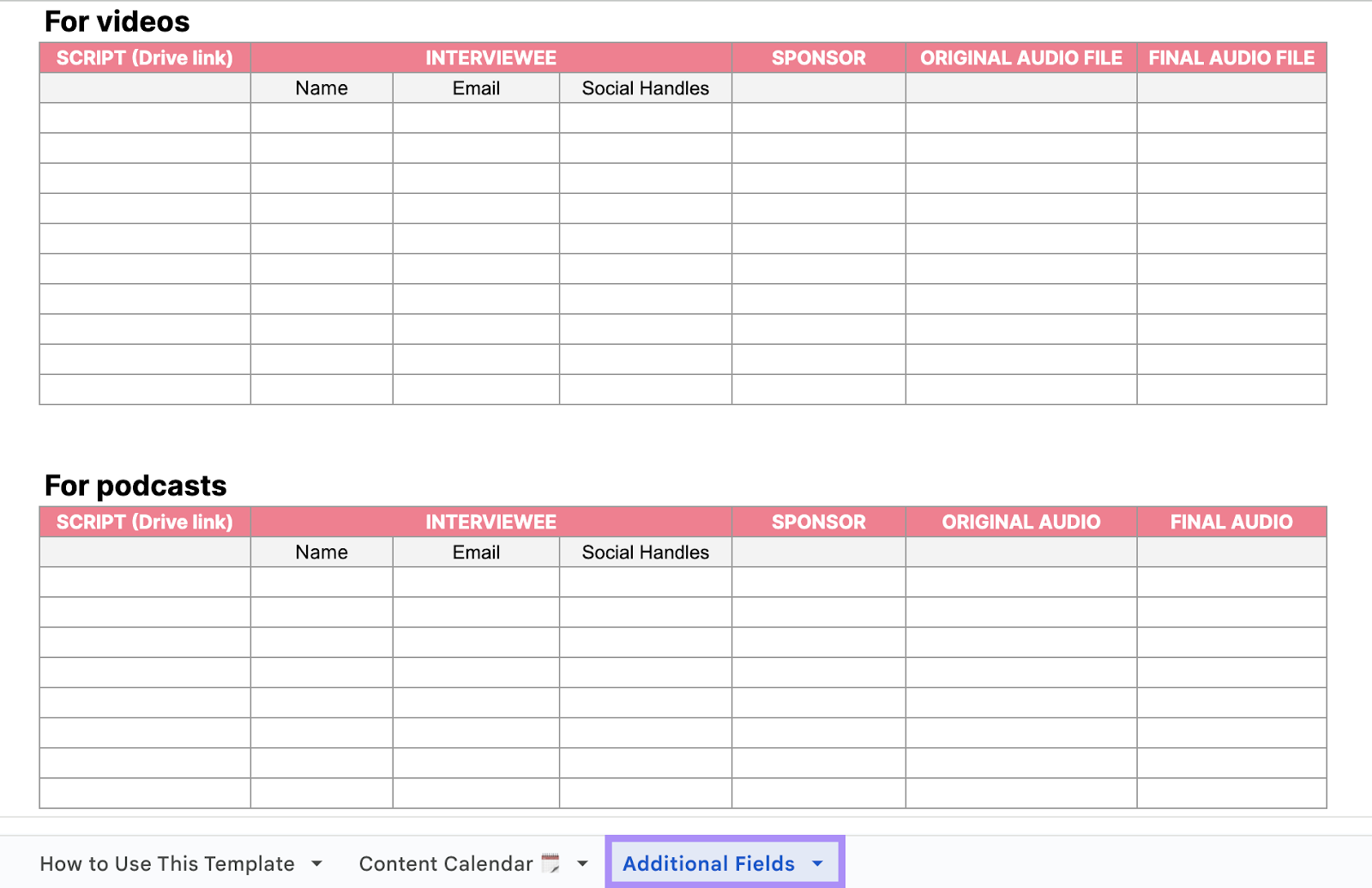 “Additional Fields” tab in Google Sheets template