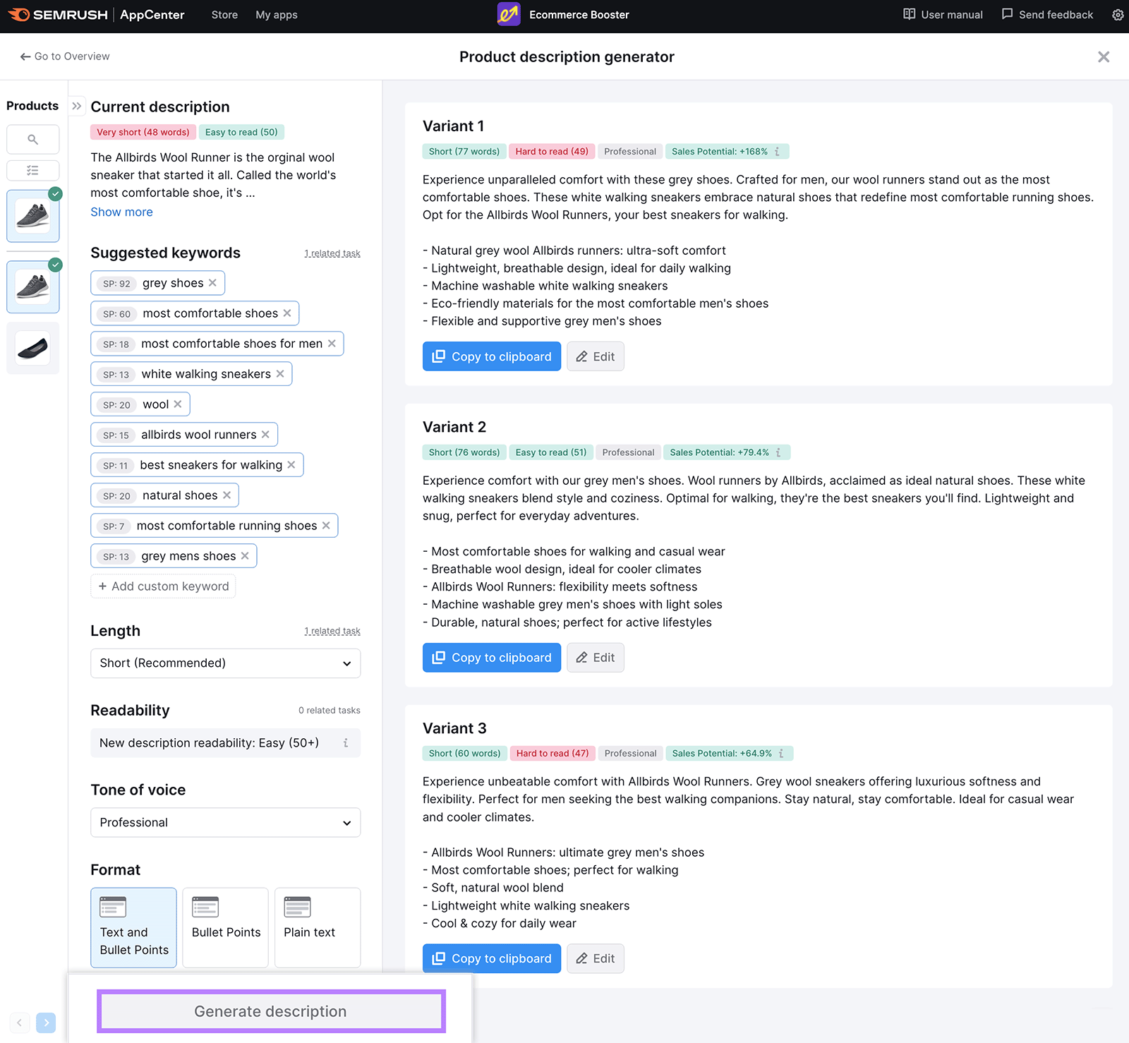 AI product description generator in Semrush Ecommerce Booster app