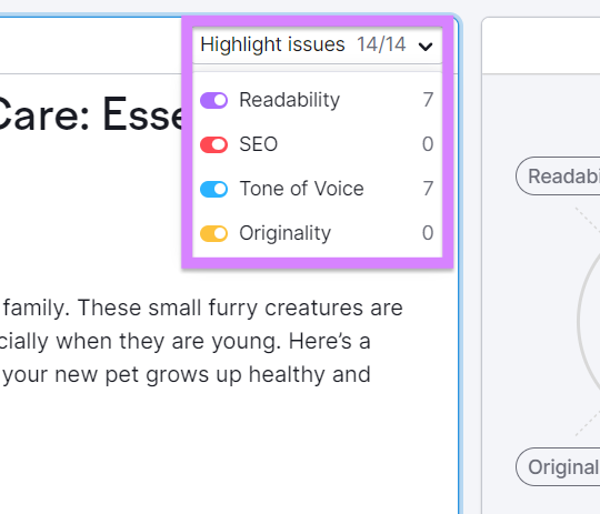 “Highlight issues” drop-down menu in SEO Writing Assistant