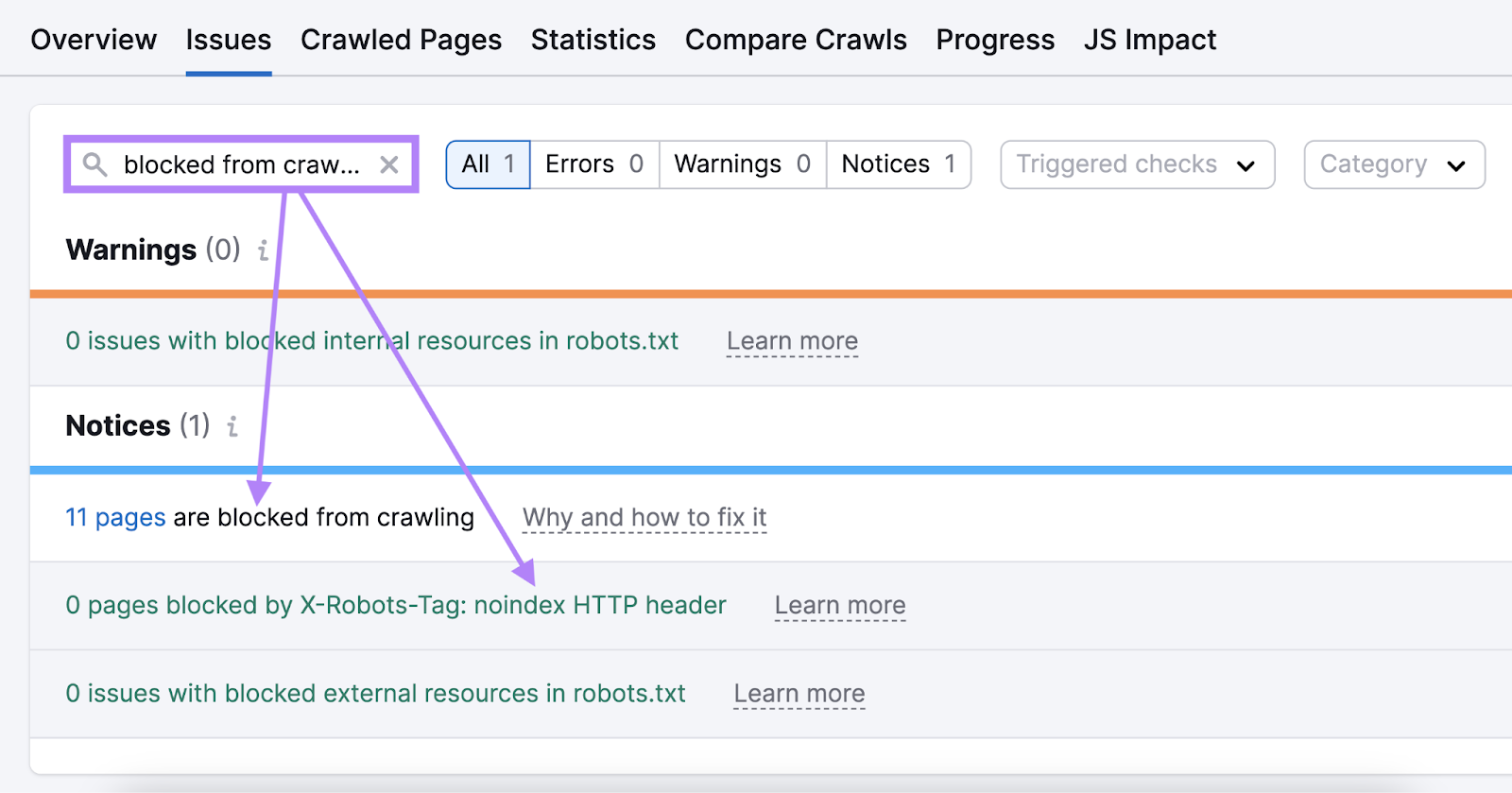 searched for "blocked from crawling" issues in site audit tool shows 11 pages are blocked from crawling and x robots tag no index