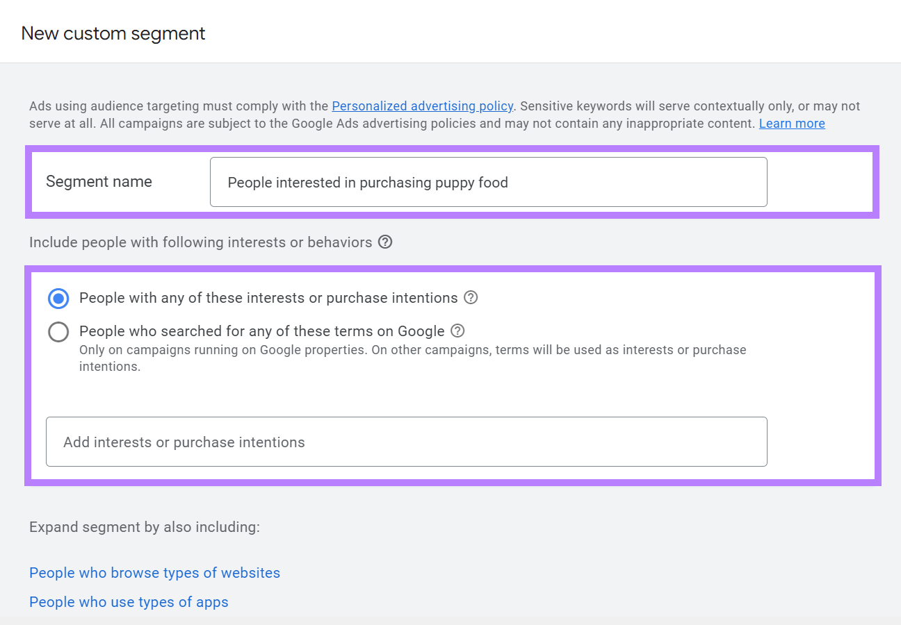 adding "people interested in purchasing puppy food" custom segment