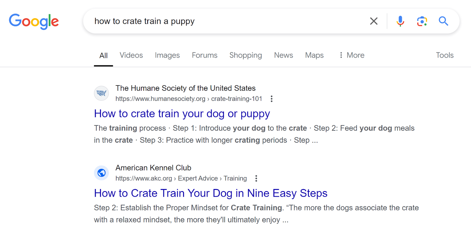 Google SERP for 'how to crate train a puppy'