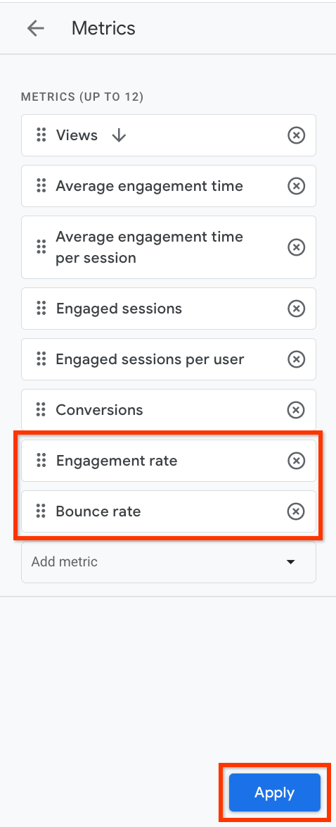 "Engagement rate," and "Bounce rate" highlighted under "Metrics" in GA4