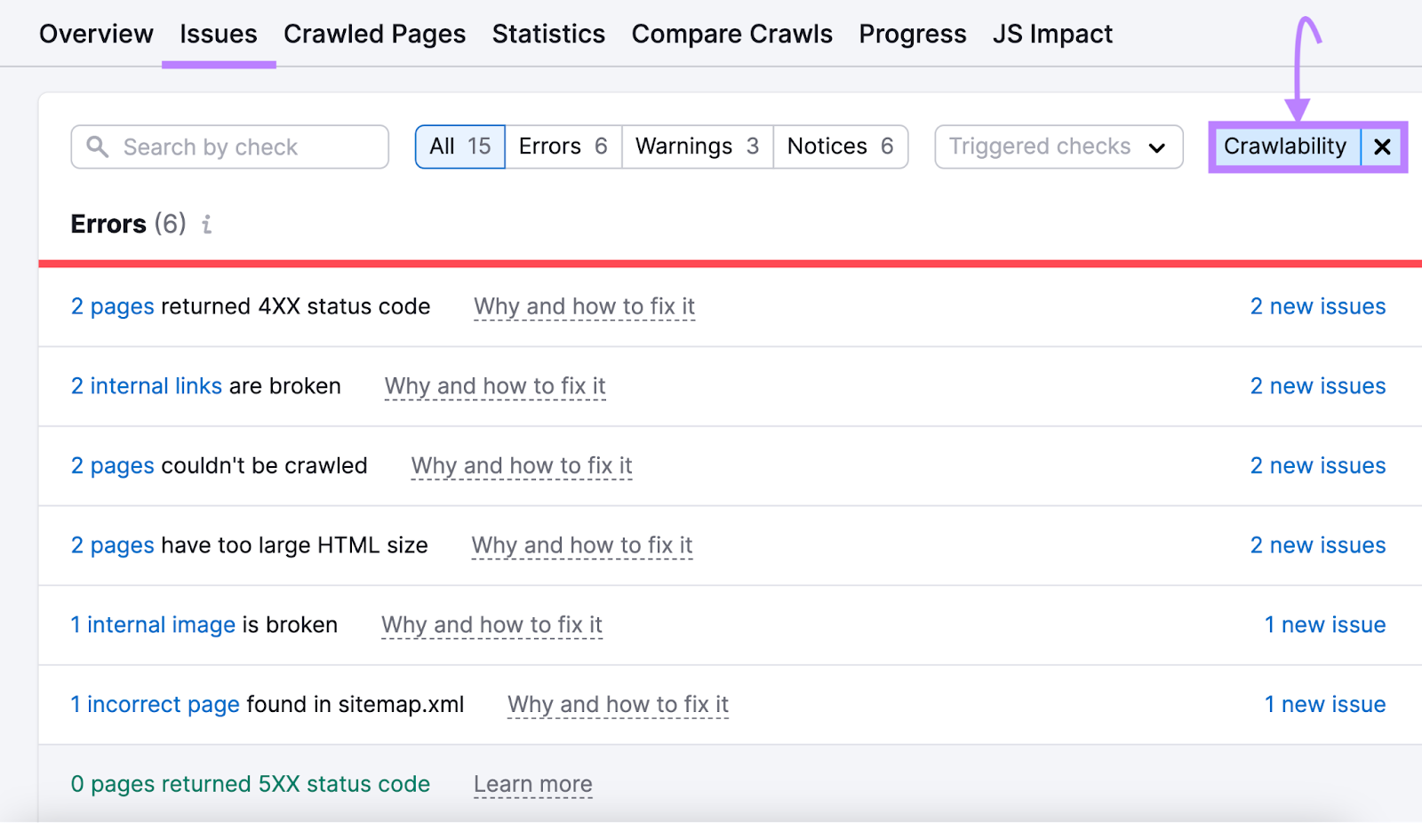 Site Audit's errors list that affect crawlability