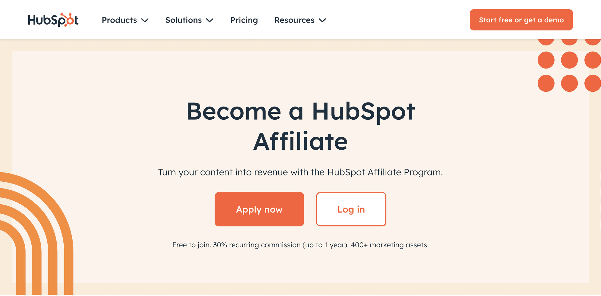 Hubspot's affiliate program homepage with the buttons "Apply now" and "Log in"