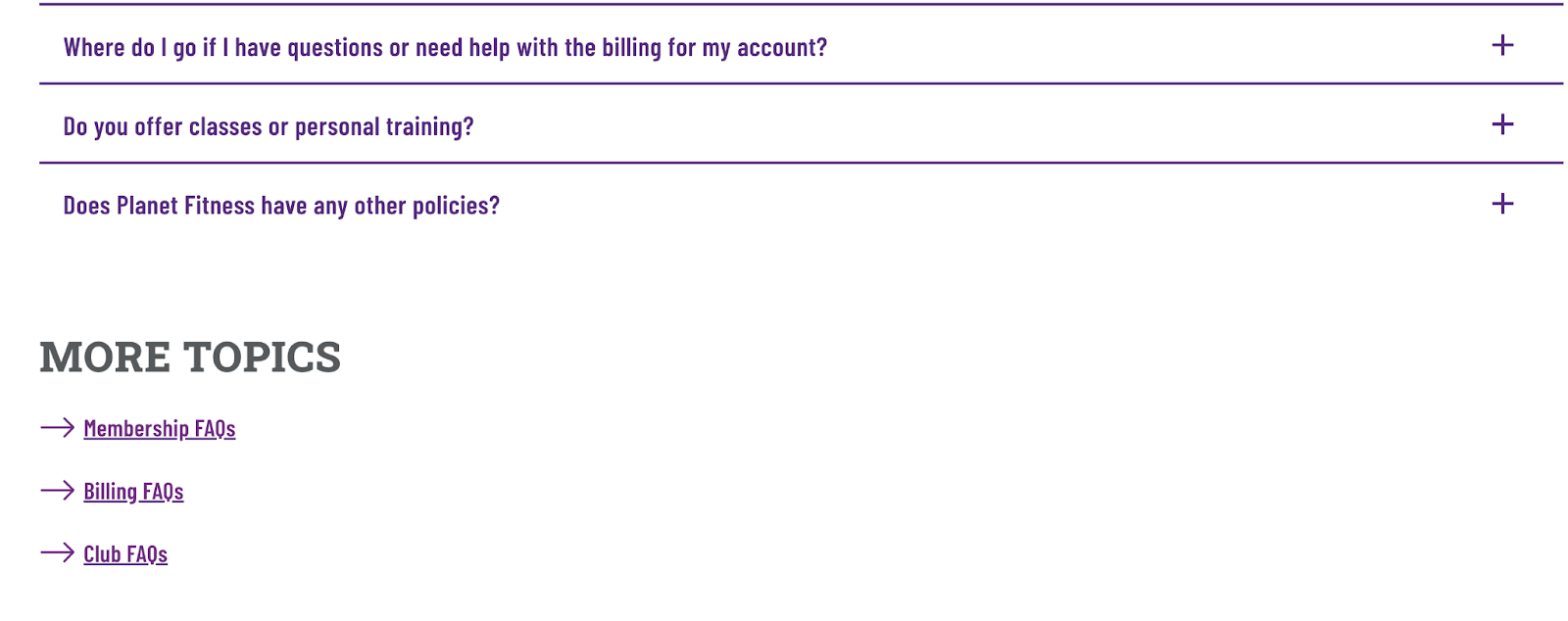 More topics are listed below the FAQs like membership faqs, billing faqs, and club faqs