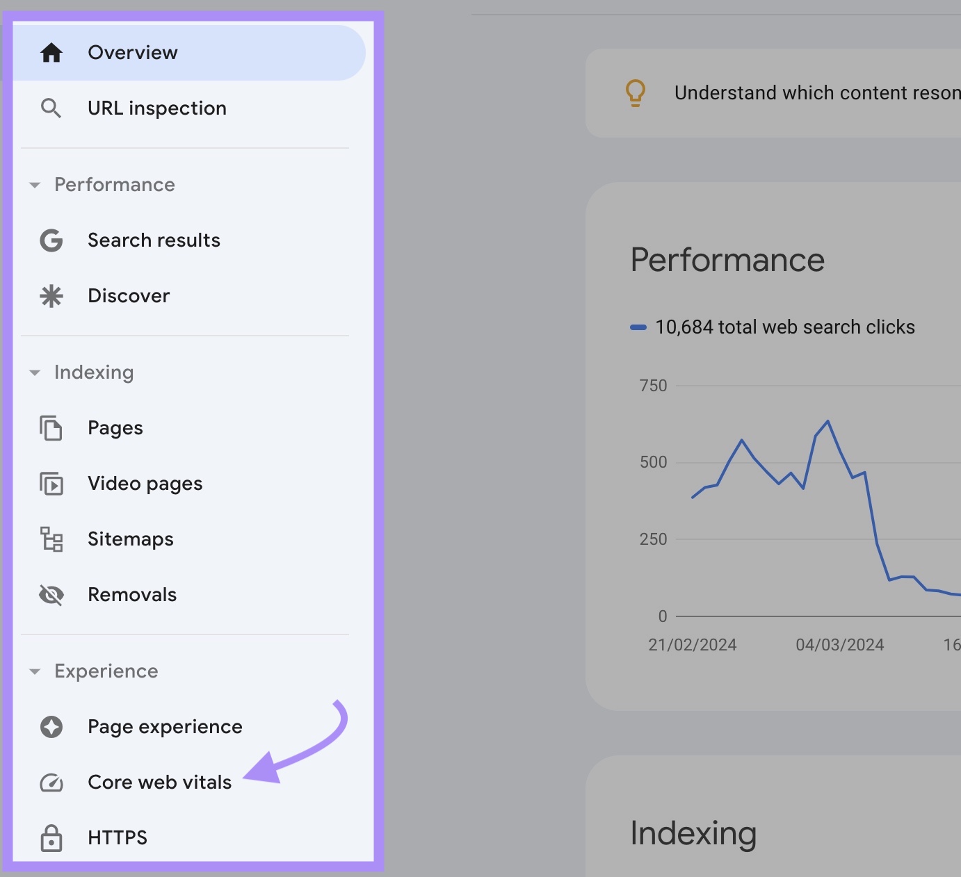 The left-hand side menu on Google Search Console with “Core Web Vitals” clicked.