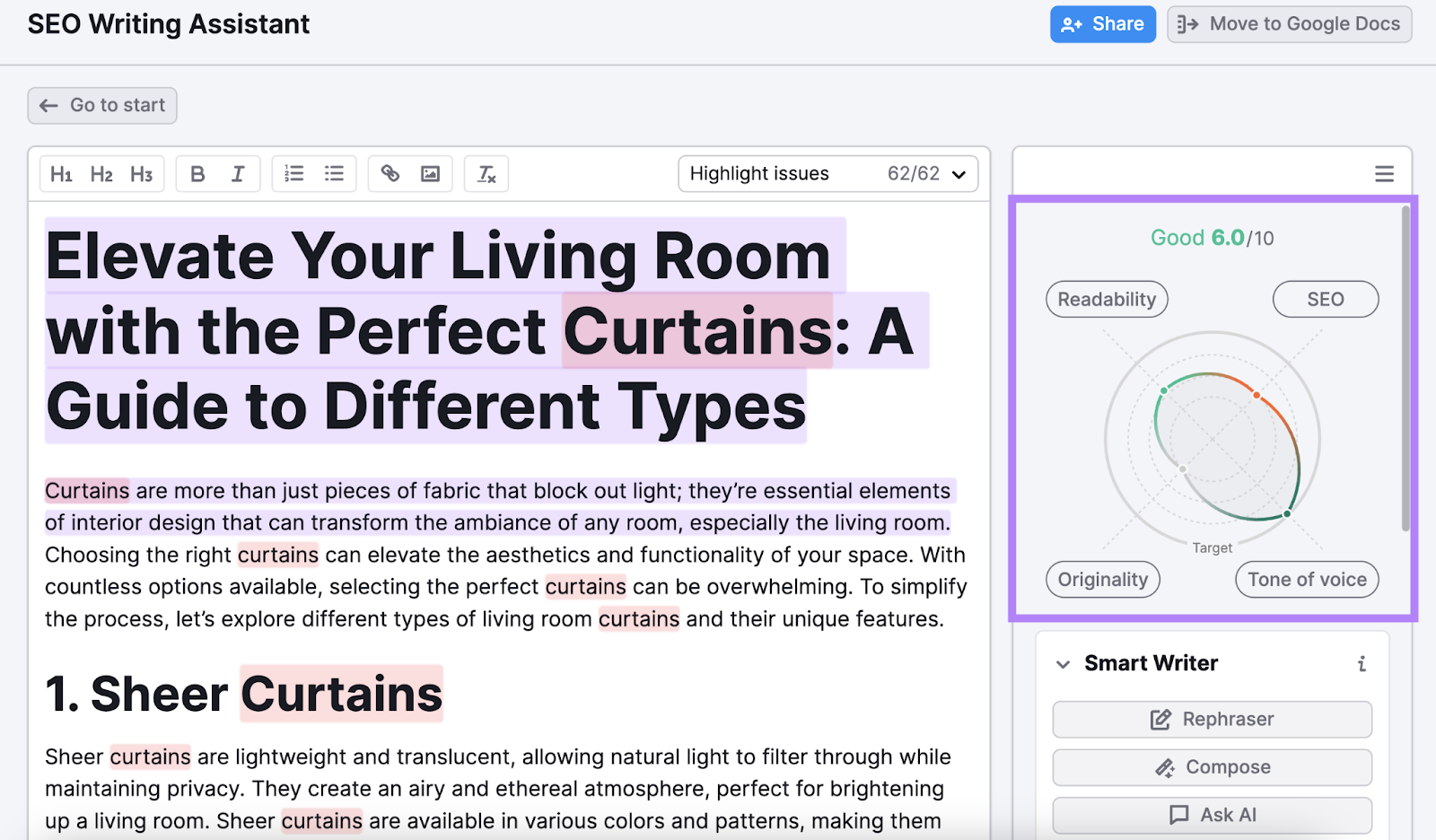 draft score box highlighted. in this example, the draft has a 6/10 score based on readability, seo, tone of voice, and originality