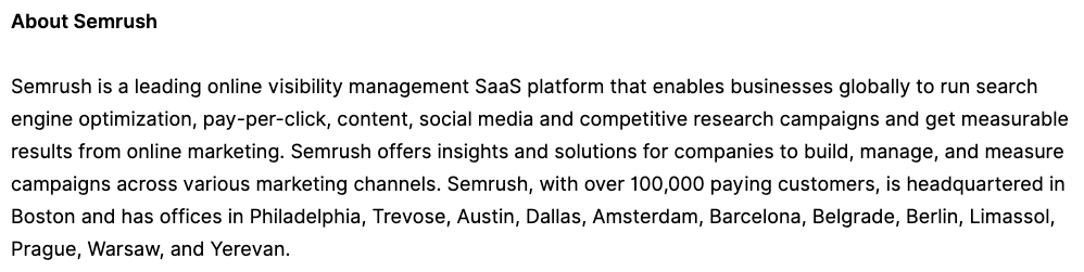 “About Semrush” statement