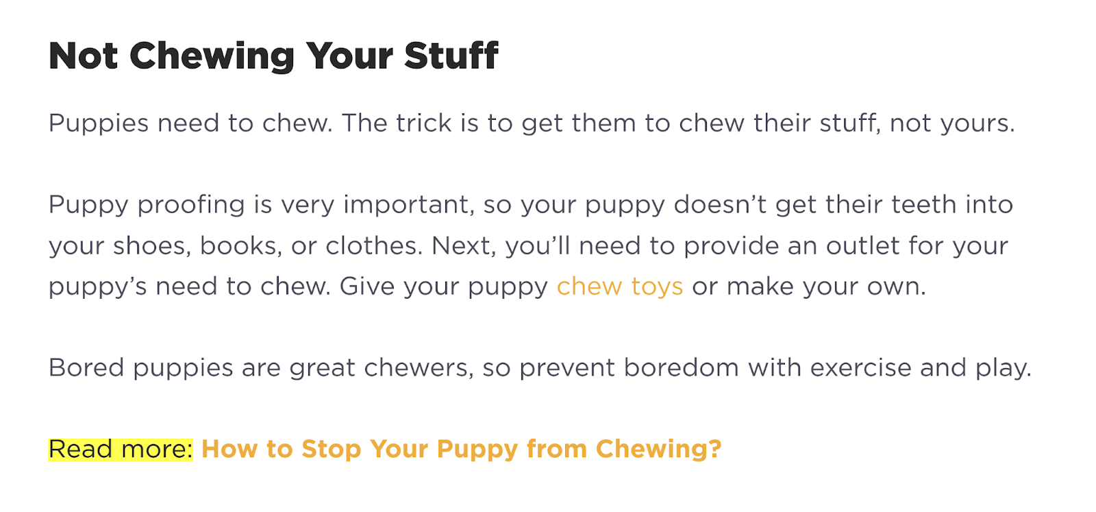 "Read more: How to Stop Your Puppy from Chewing" end of section in Petcube's guide