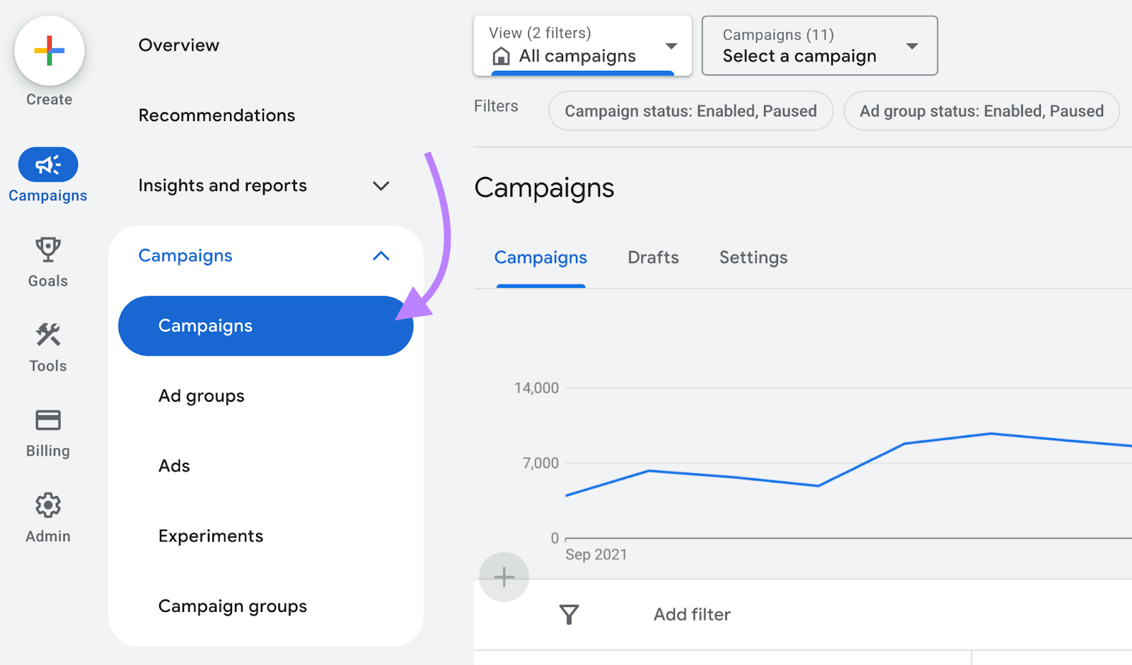 navigate to campaigns in google ads