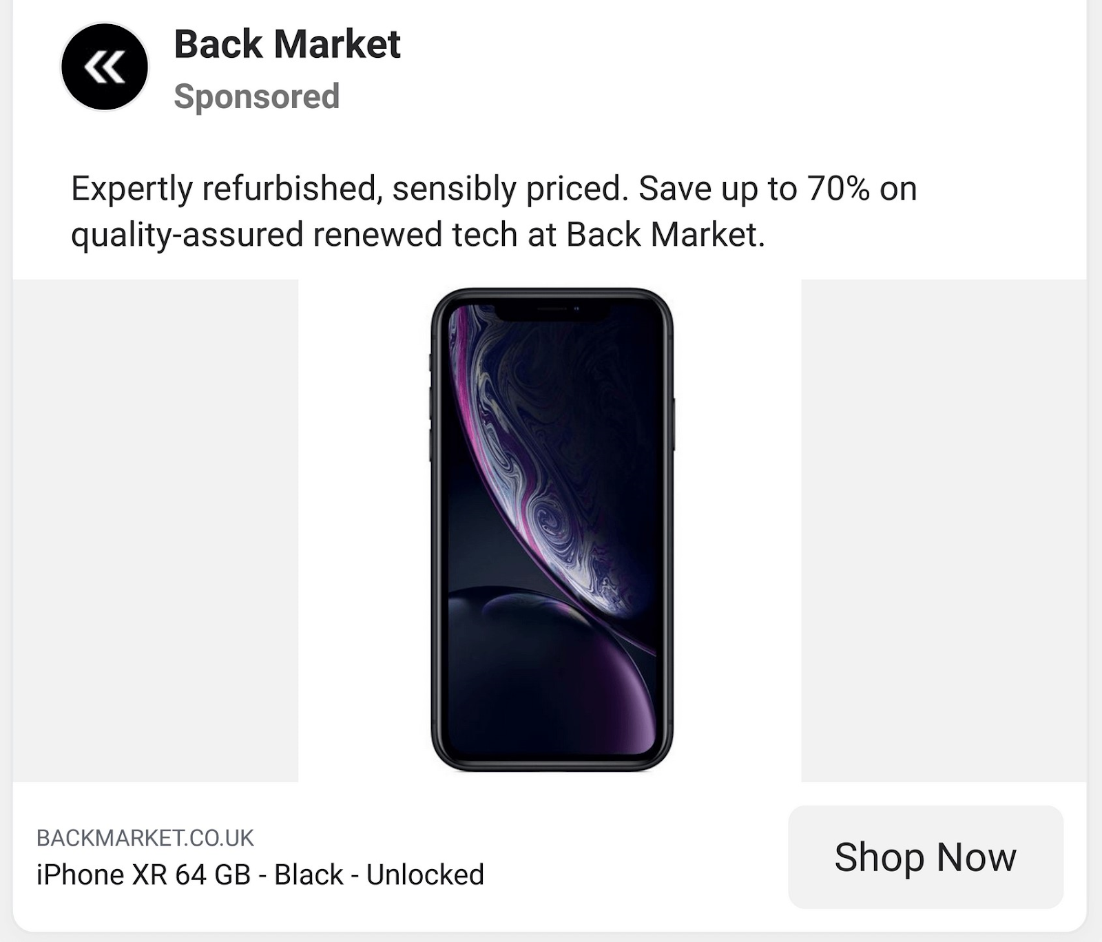 Back Market sponsored post for iPhone XR on Facebook