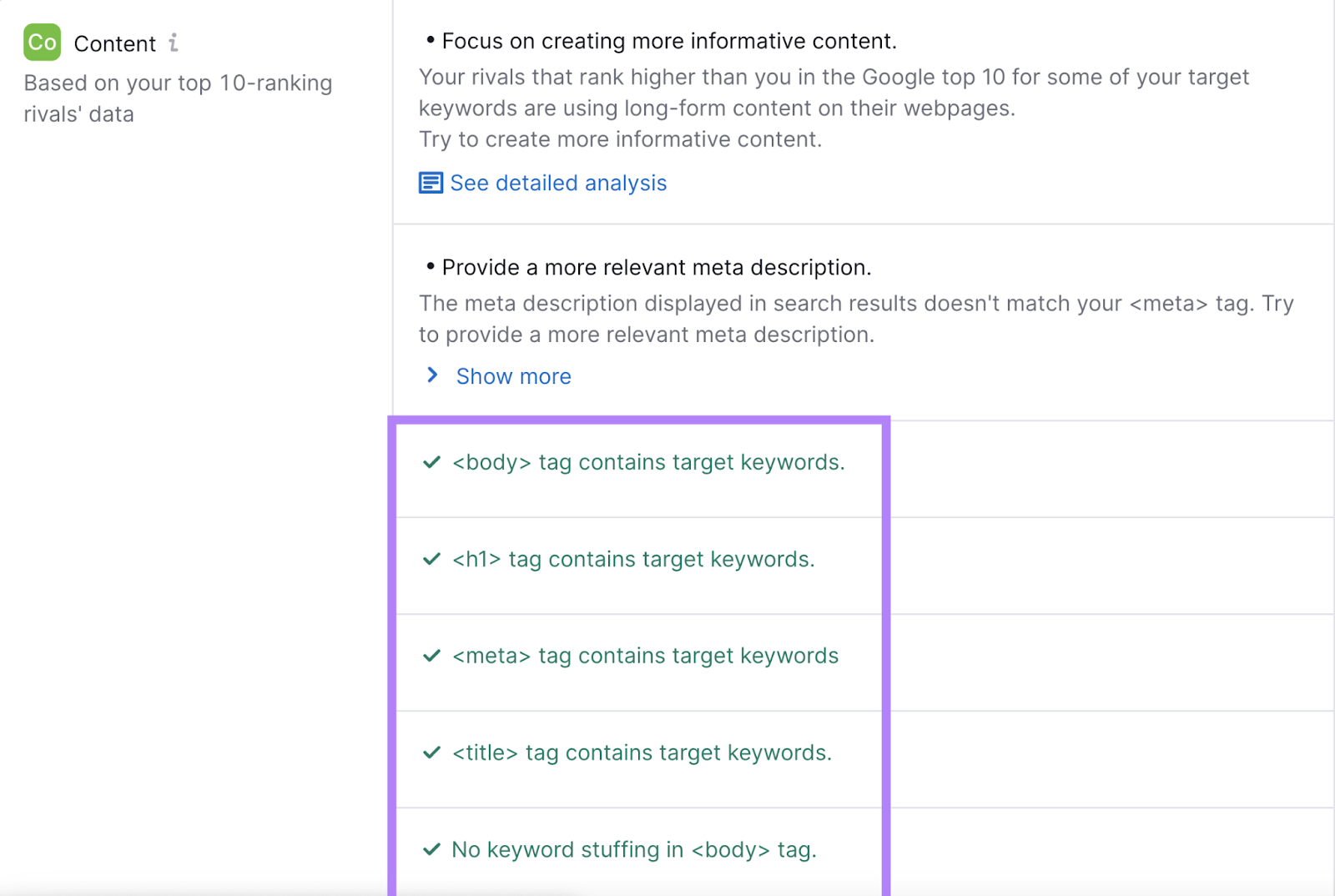 On Page SEO Checker shows checks for target keywords in body, h1, meta, and title. And checks against keyword stuffing.