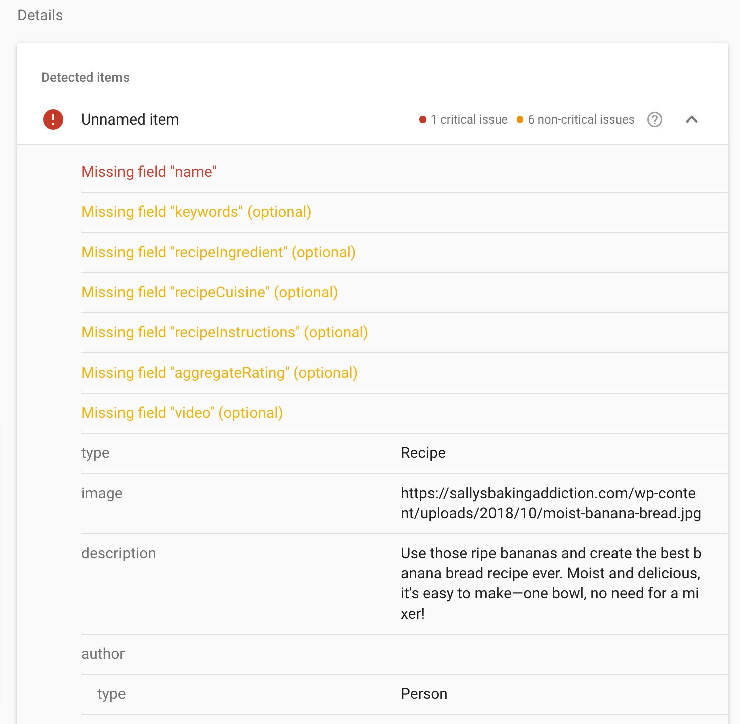 Rich Results Testing tool highlights any invalid items that need to be fixed. In this example "Missing field name"