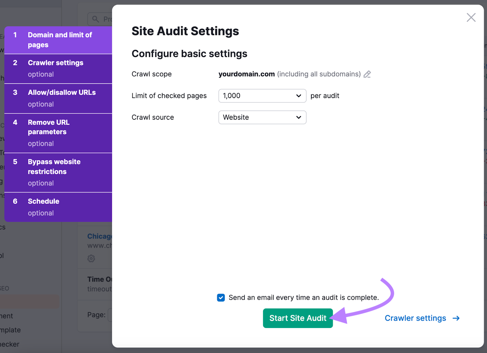 site audit setting pop up