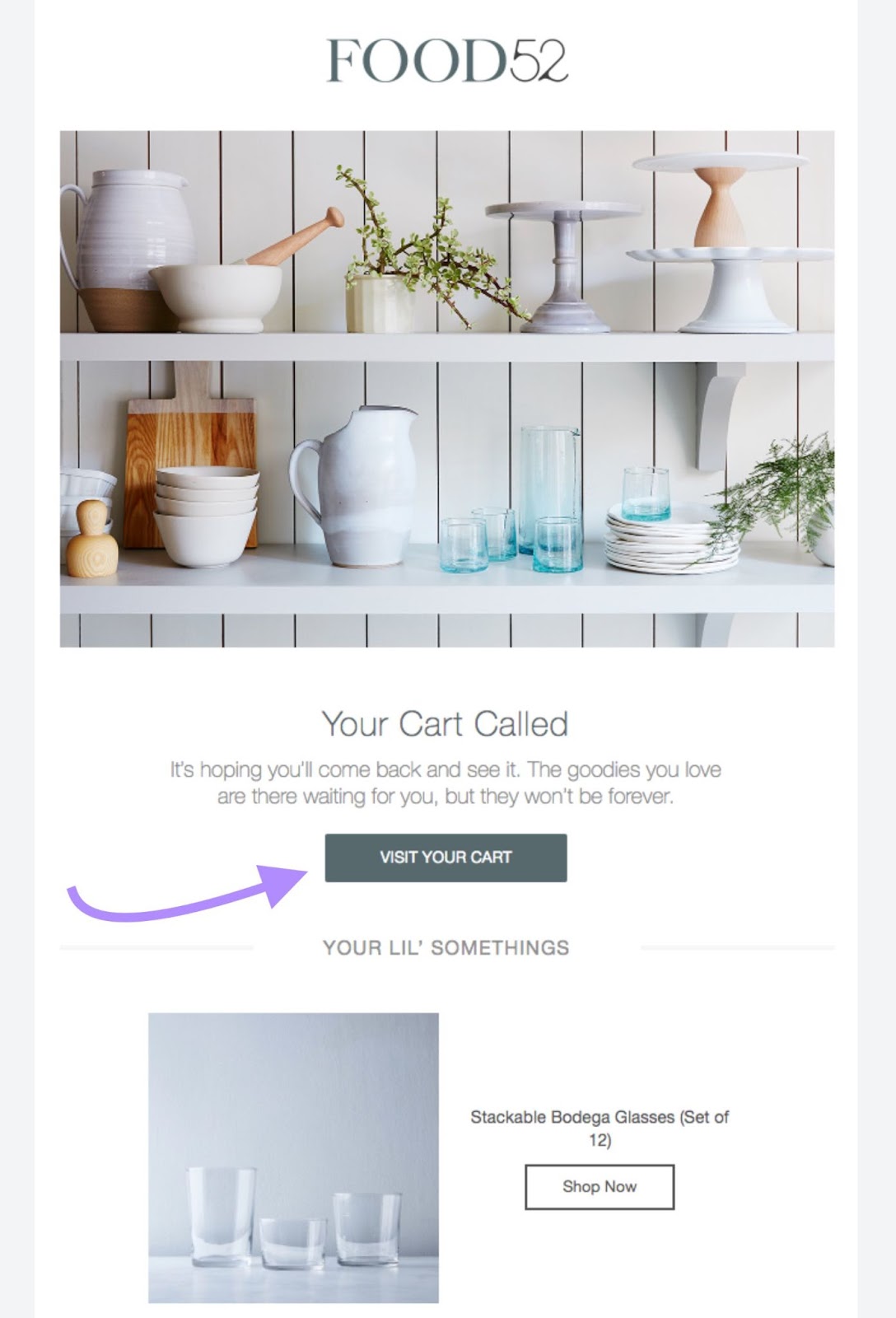 An email from kitchen retailer Food52 reminding user about items in the cart