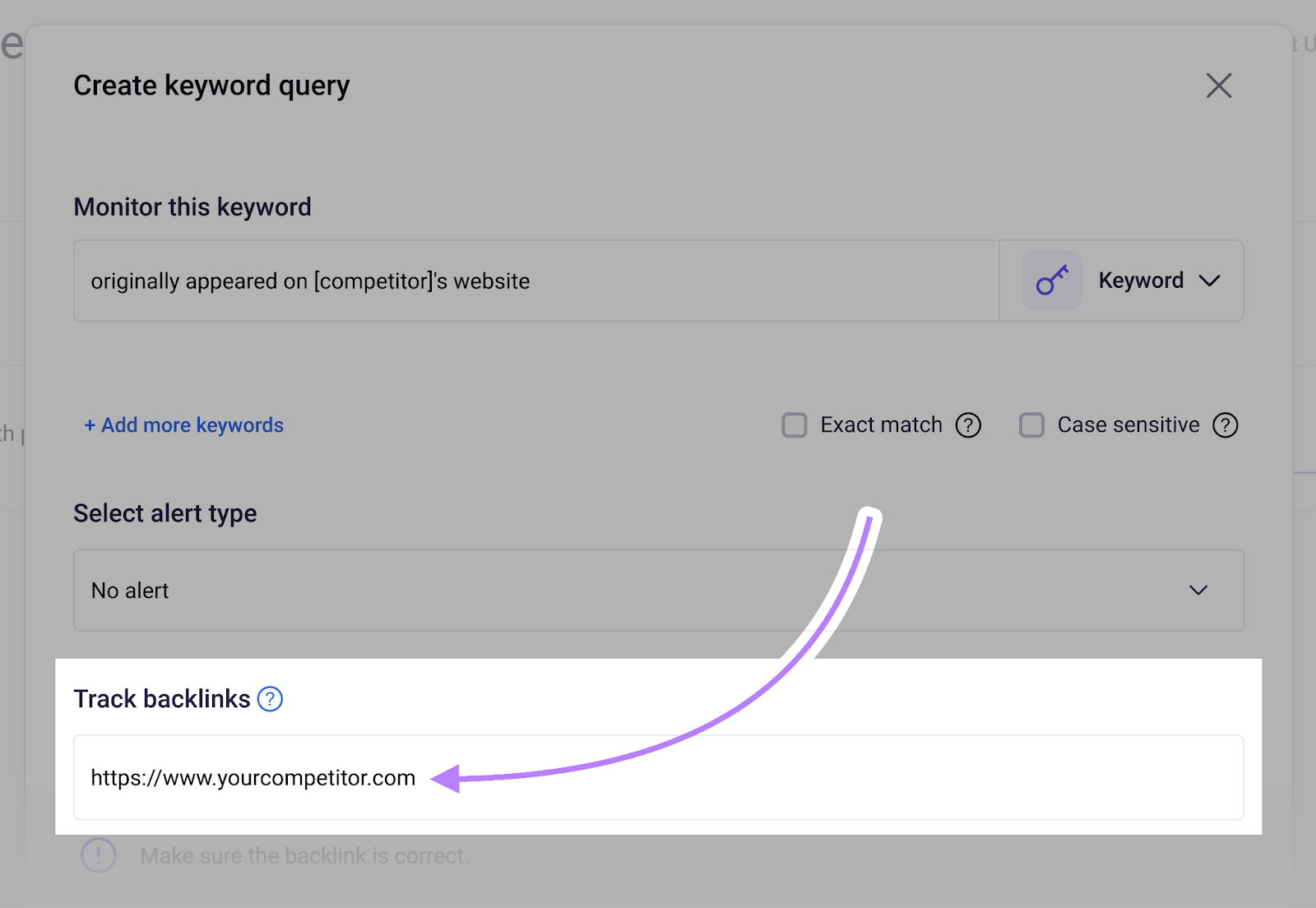 enter your competitor’s domain in Track backlinks field