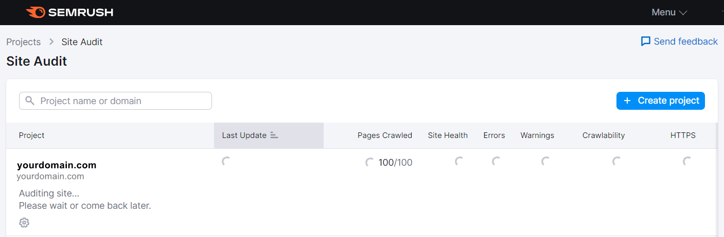 Site Audit tool loading the audit of a domain