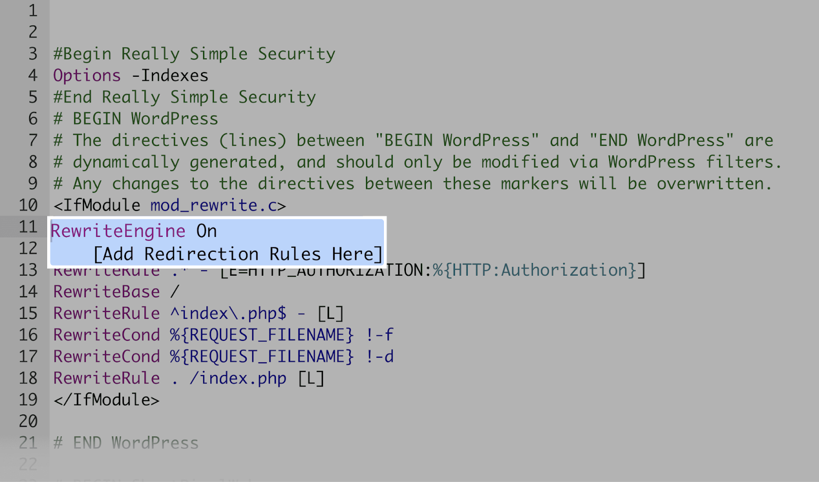 “RewriteEngine On” line highlighted