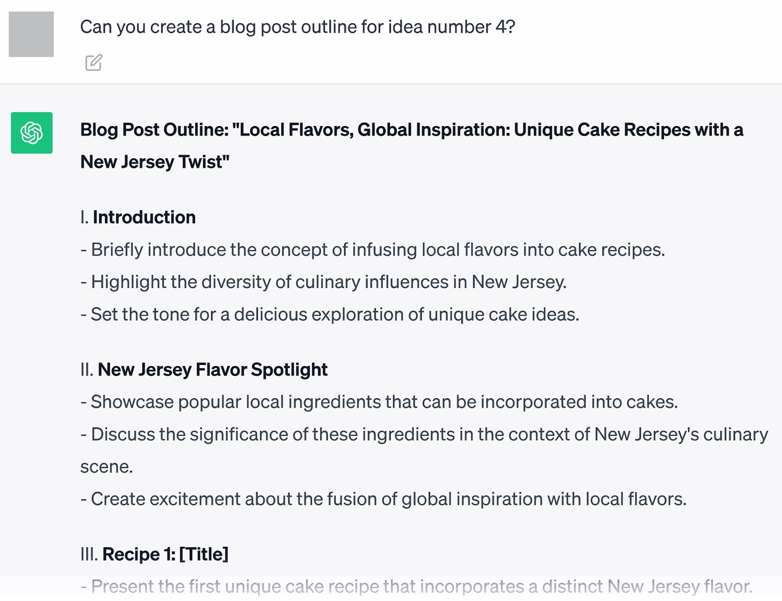 ChatGPT's response to a follow up prompt: "Can you create a blog post outline for idea number 4?"