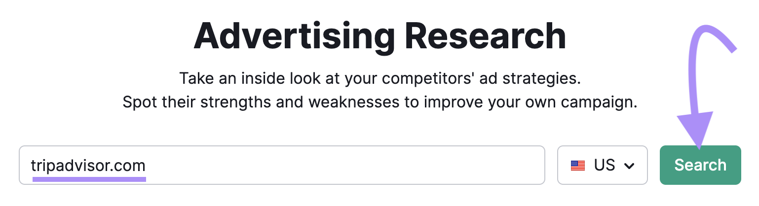 "tripadvisor.com" entered into the Advertising Research search bar