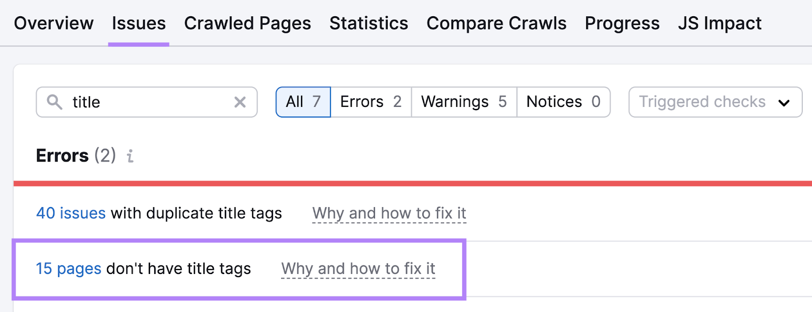 "15 pages don't have title tags" result highlighted under "Issues" tab in Site Audit tool