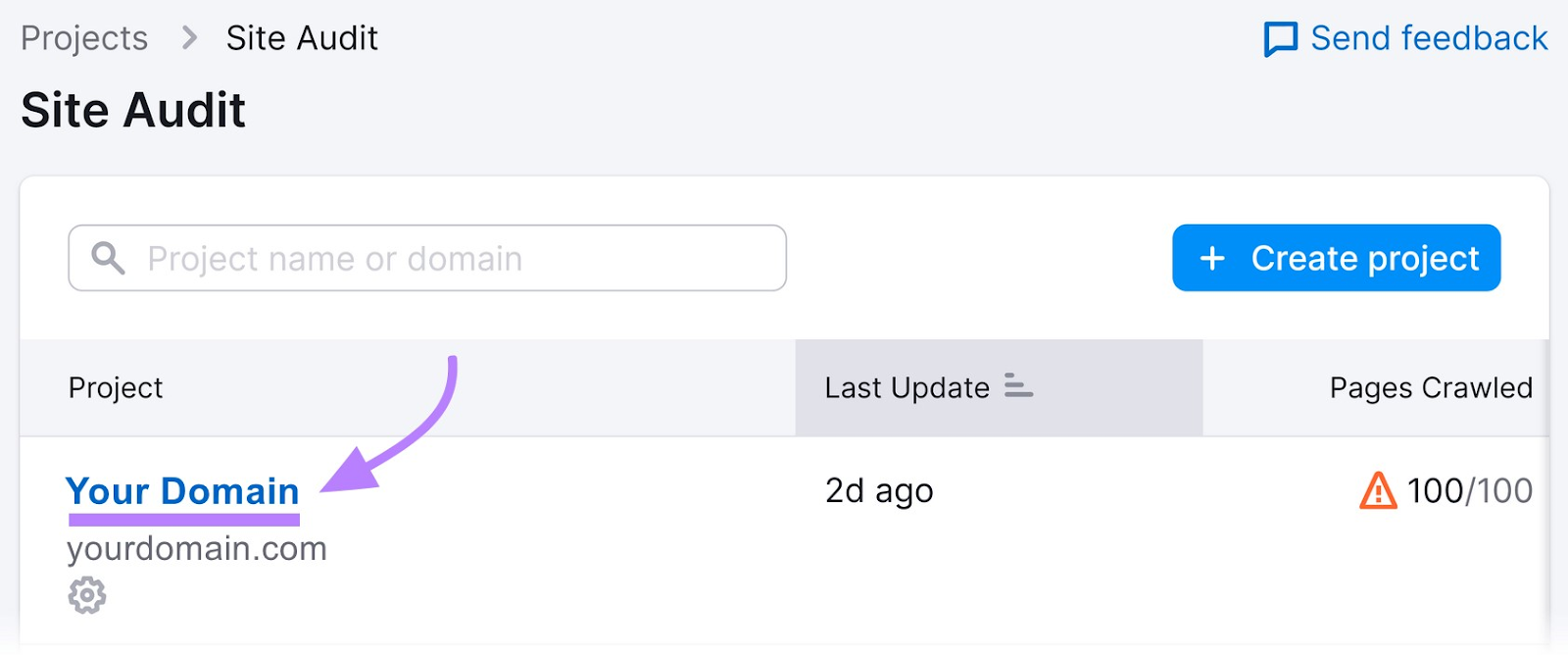 "Your Domain" project selected from the Site Audit dashboard