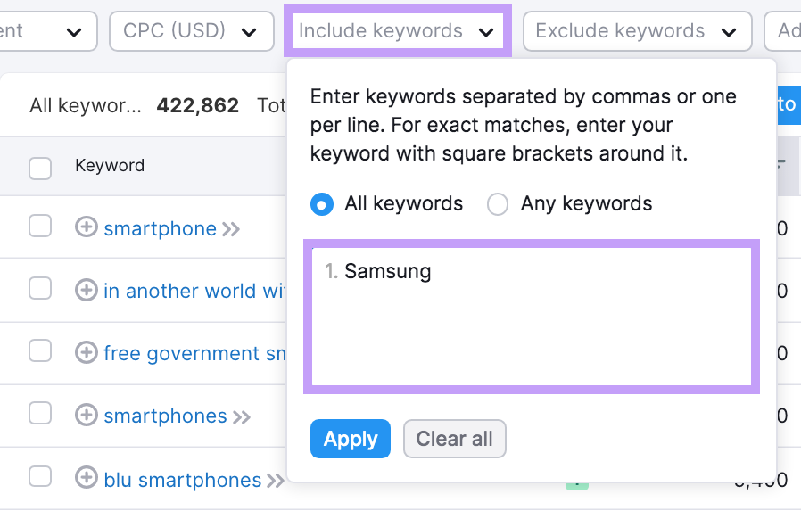 Keyword magic tool "include keywords" filter showing a freeform text box to insert specific keywords.