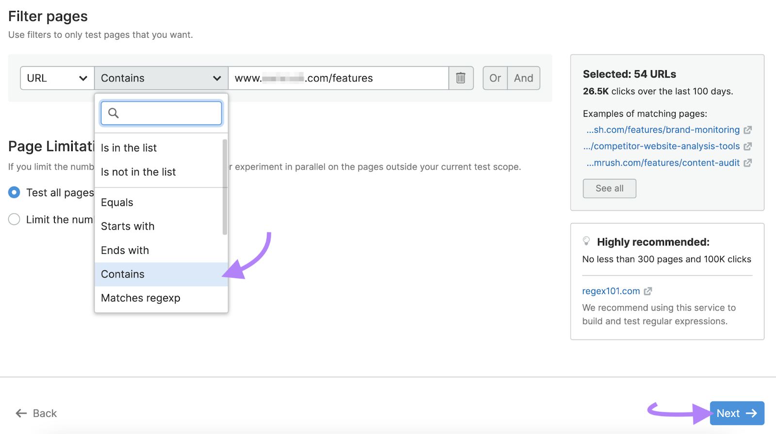 "Filter pages" window in SplitSignal tool