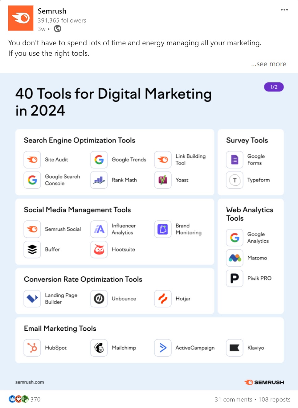 Semrush's post on LinkedIn, sharing 40 tools for digital marketers