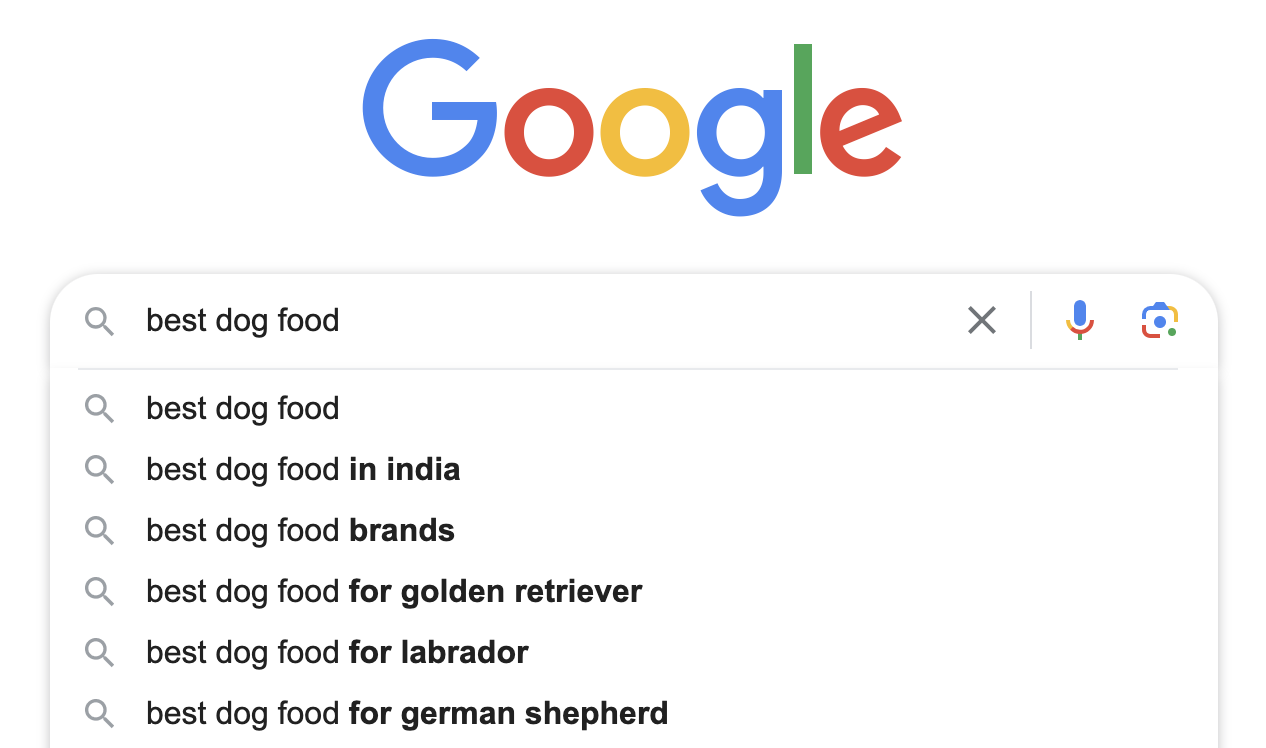 Google suggestions when typing "best dog food” in the search bar