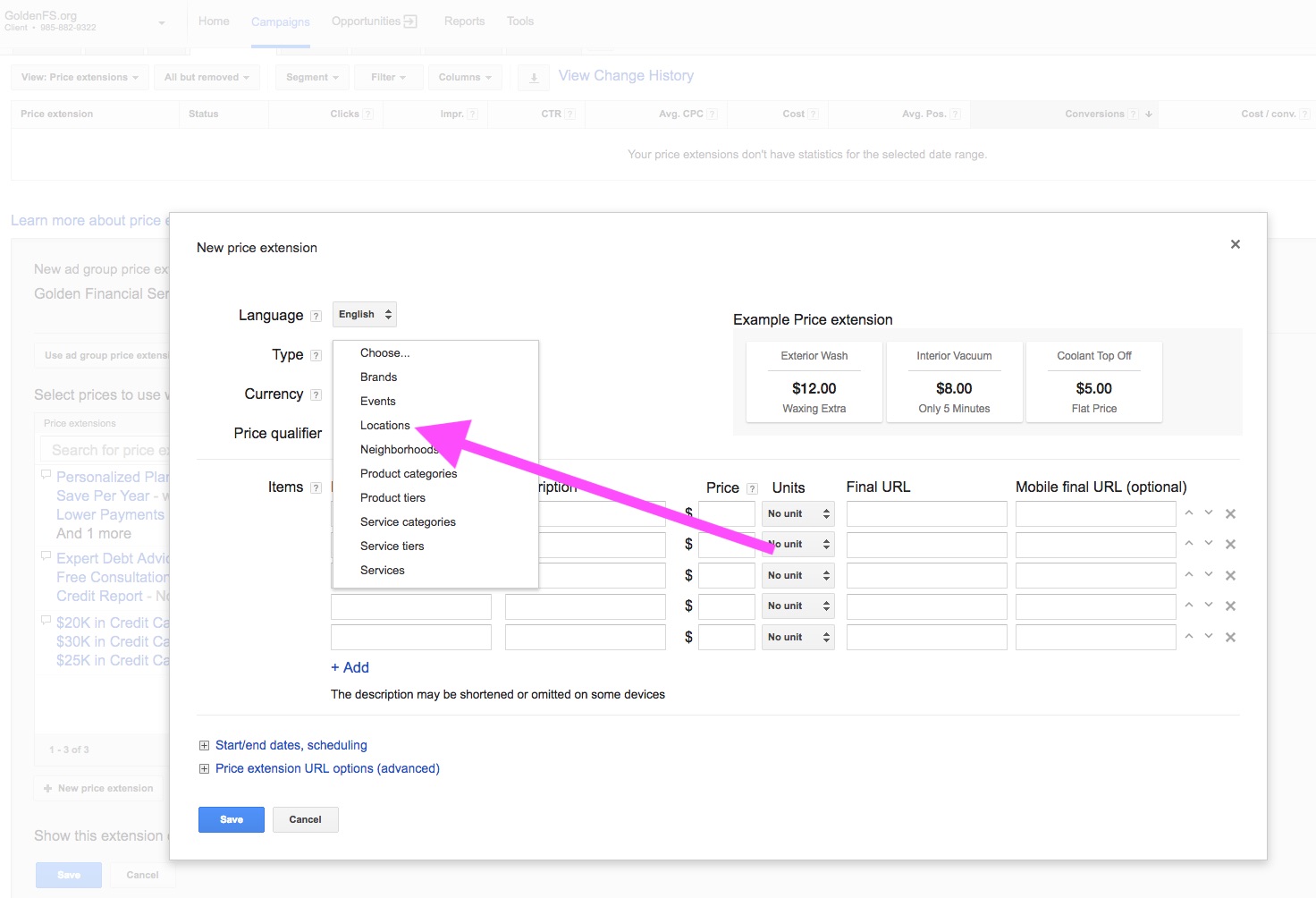 use price extension to illustrate particular neighborhoods