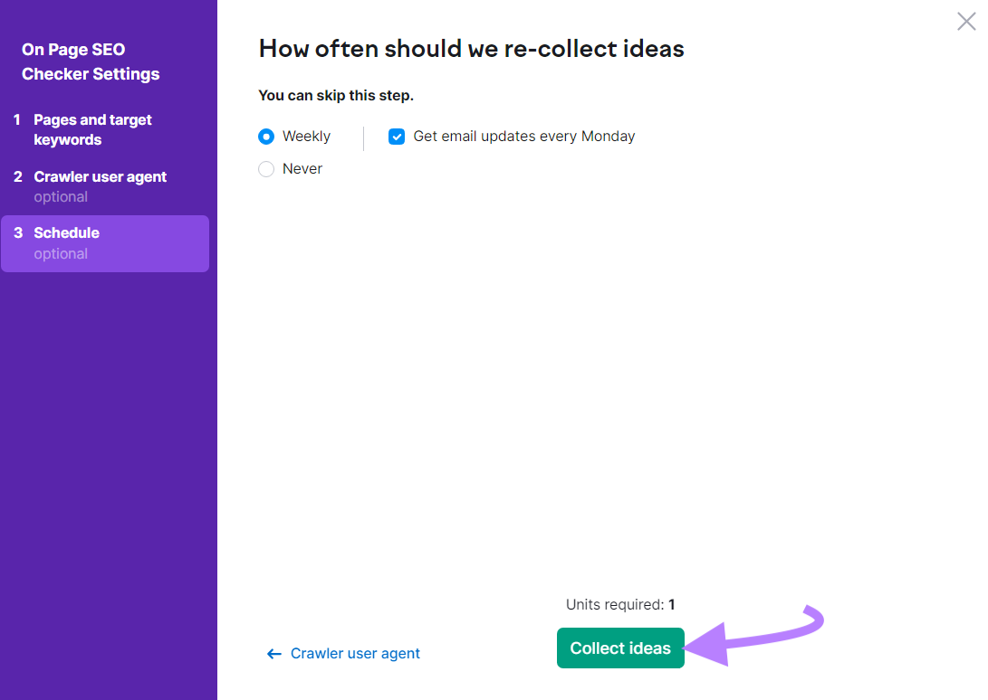 On Page SEO Checker options for collecting ideas with weekly and email updates selected
