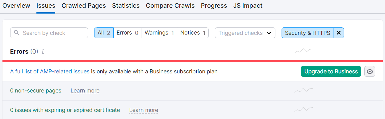 "Errors" section of the "Issues" report in Site Audit, showing issues with HTTPS status