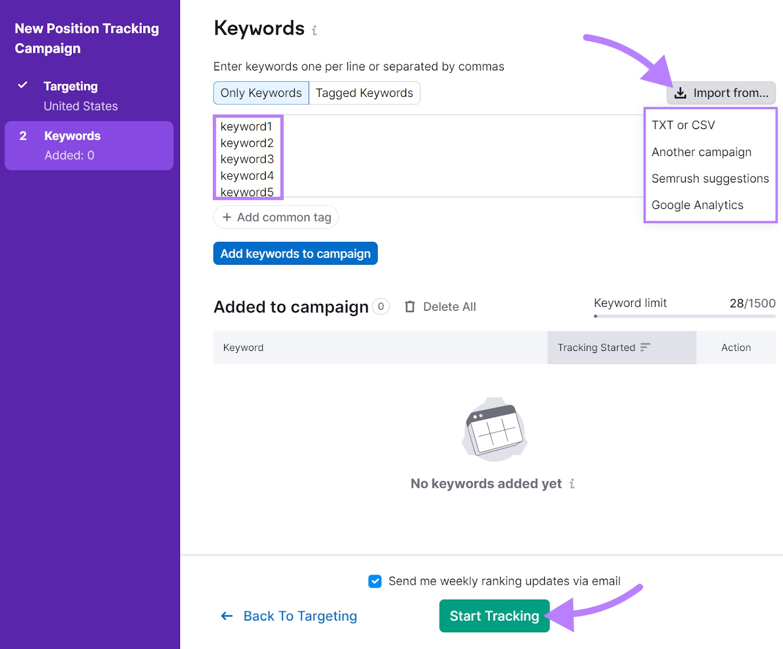 "Keywords" window in Position Tracking settings