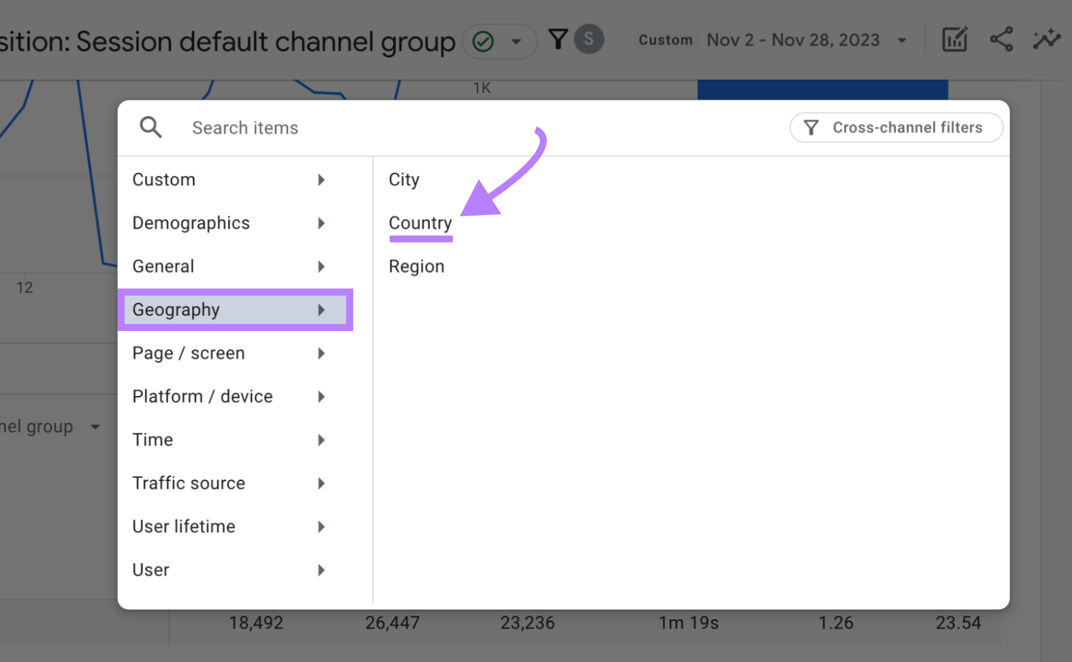 “Country" selected in the "Geography" window