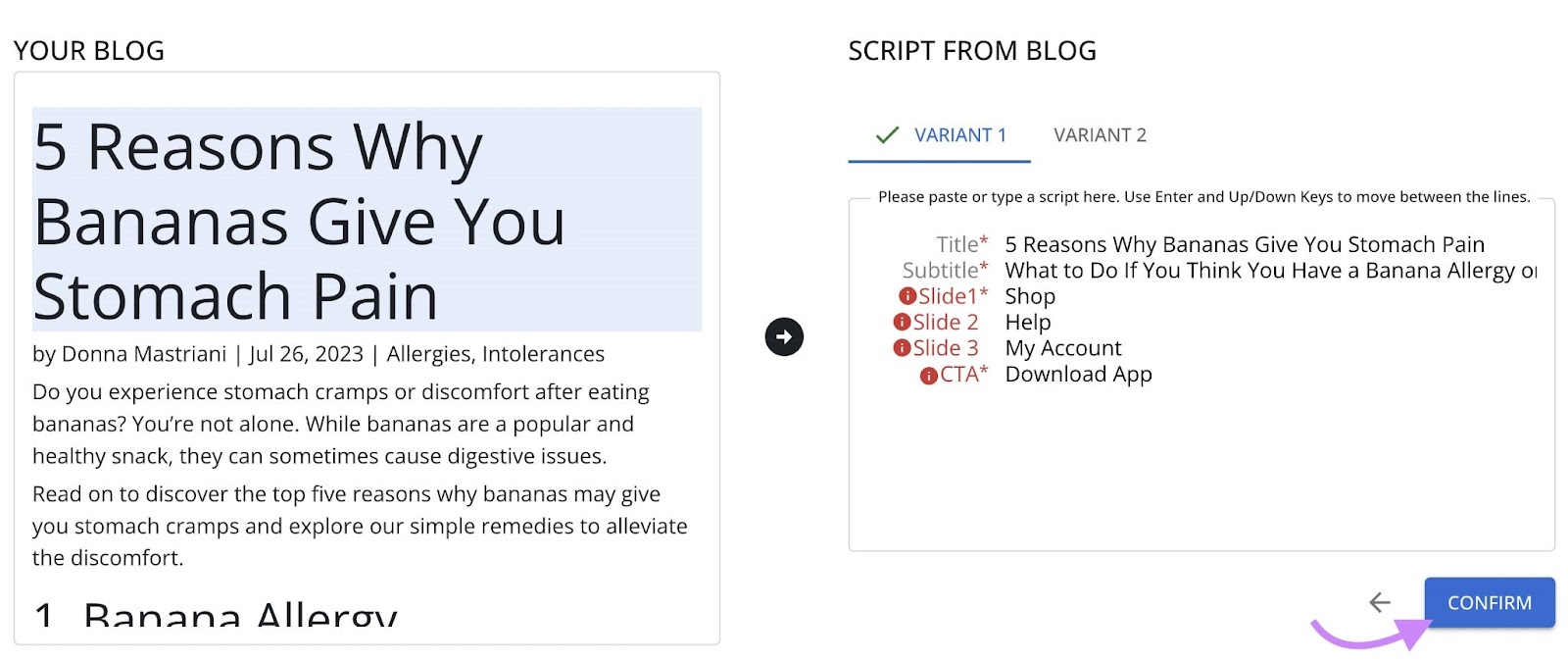 "5 Reasons Why Bananas Give You Stomach Pain" script page in AI Social Content Generator