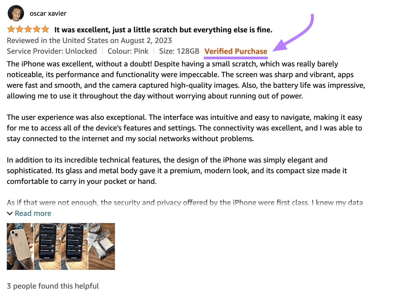 Amazon review example with "Verified Purchase" tag