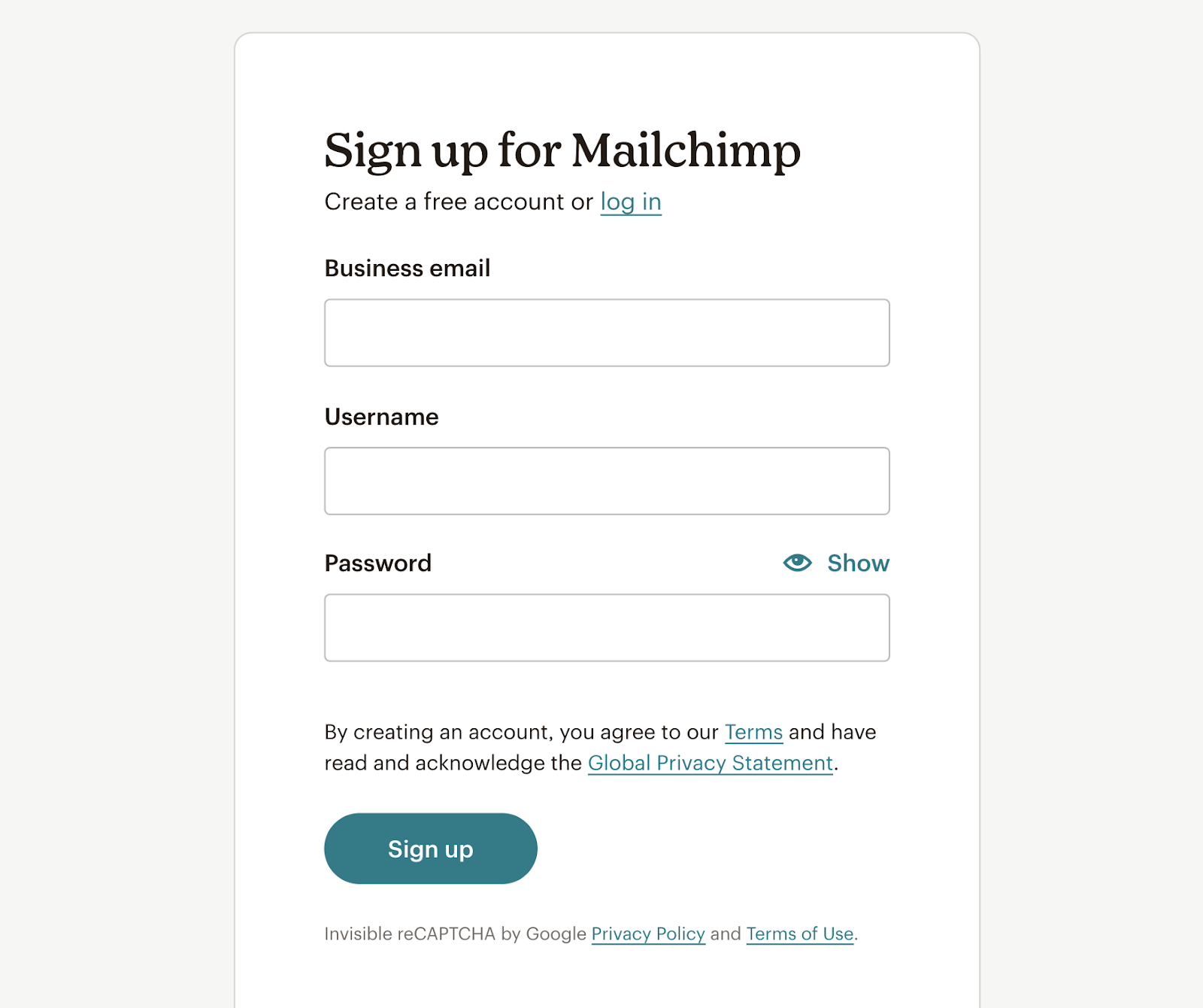 Mailchimp's sign up landing page includes business email, username, and password fields