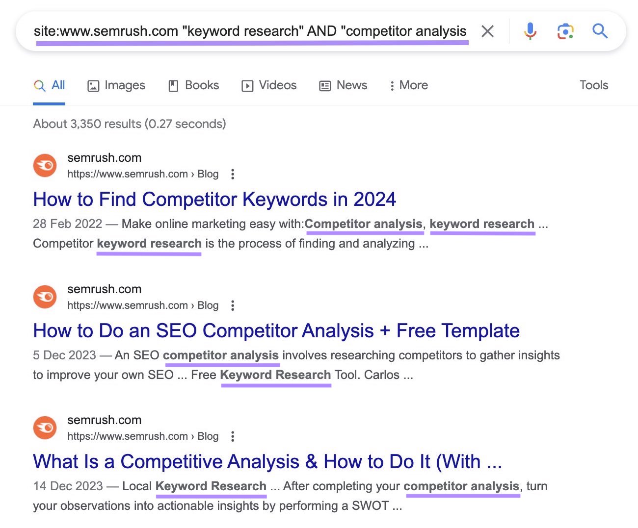 Google's SERP for "site:www.semrush.com "keyword research" AND "competitor analysis"” site search