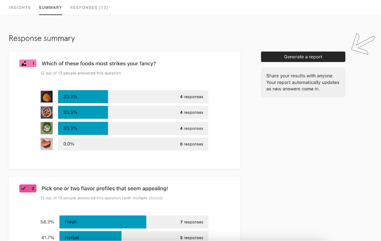 "Summary" page in Typeform, summarizing survey responses