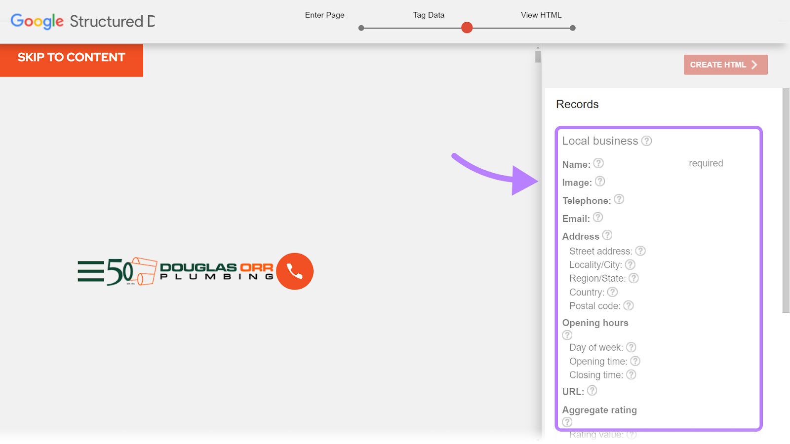 a list of elements related to local businesses shown in Structured Data Markup Helper