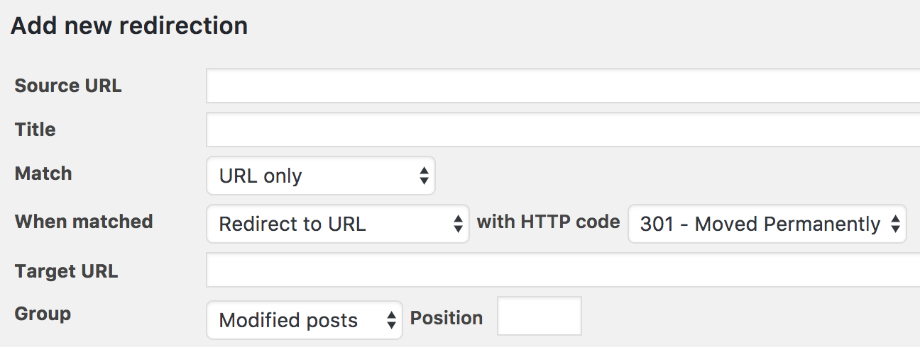 “Add new redirection” form in Yoast SEO