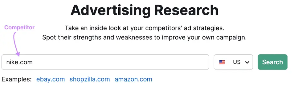 Semrush advertising research tool start showing the search bar containing the website nike.com.