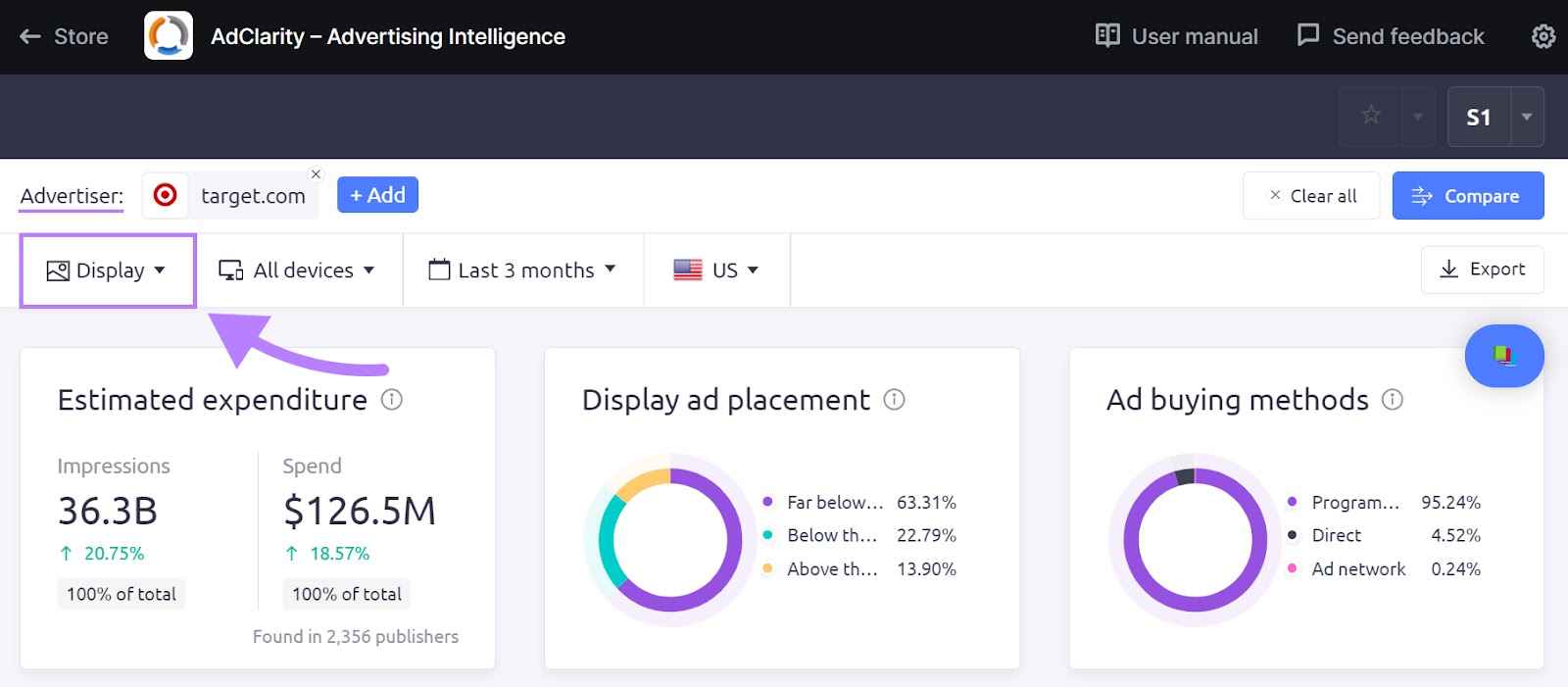 "Display" selected from AdClarity app dashboard