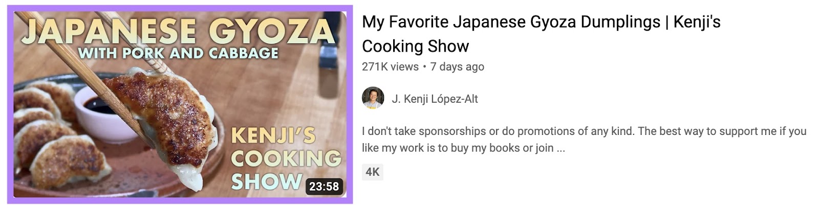 Kenji López-Alt's YouTube video thumbnail, showing an image of Japanese gyoza with pork and cabbage