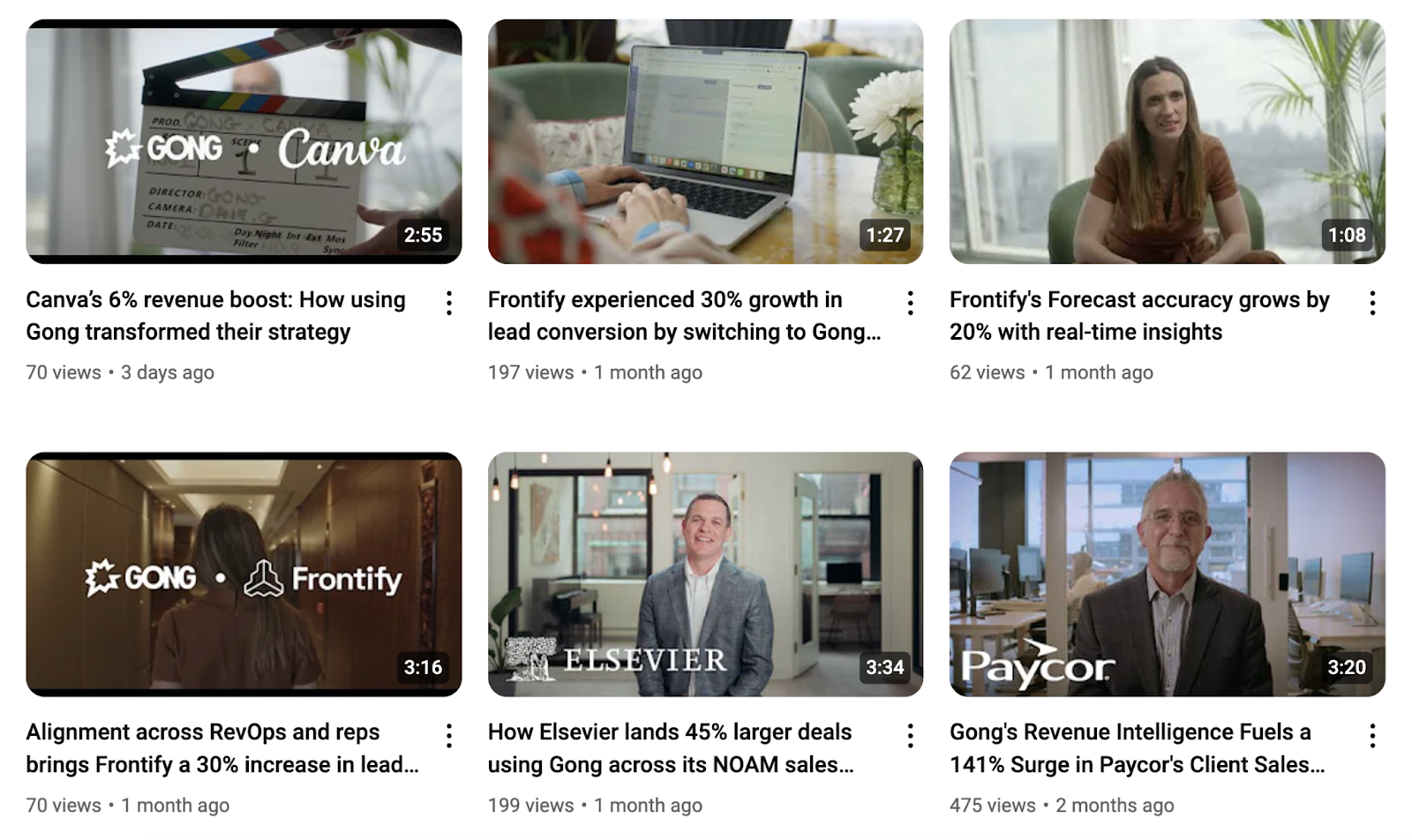 Gong's YouTube videos with titles like Canva's 6% revenue boost: How using Gong transformed their strategy