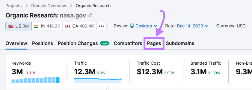 "Pages" tab selected in the Organic Research tool