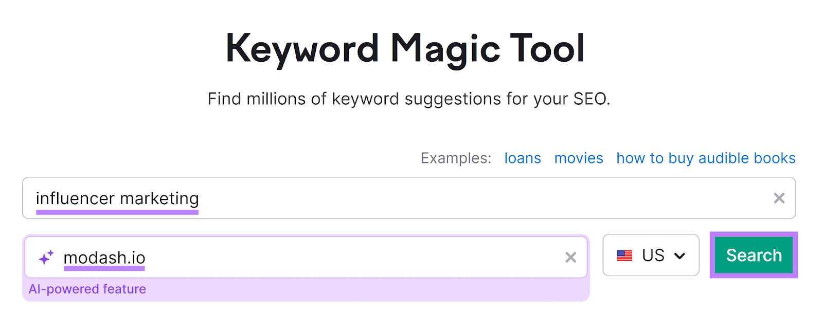 Keyword Magic Tool start with keyword and domain entered and Search button highlighted